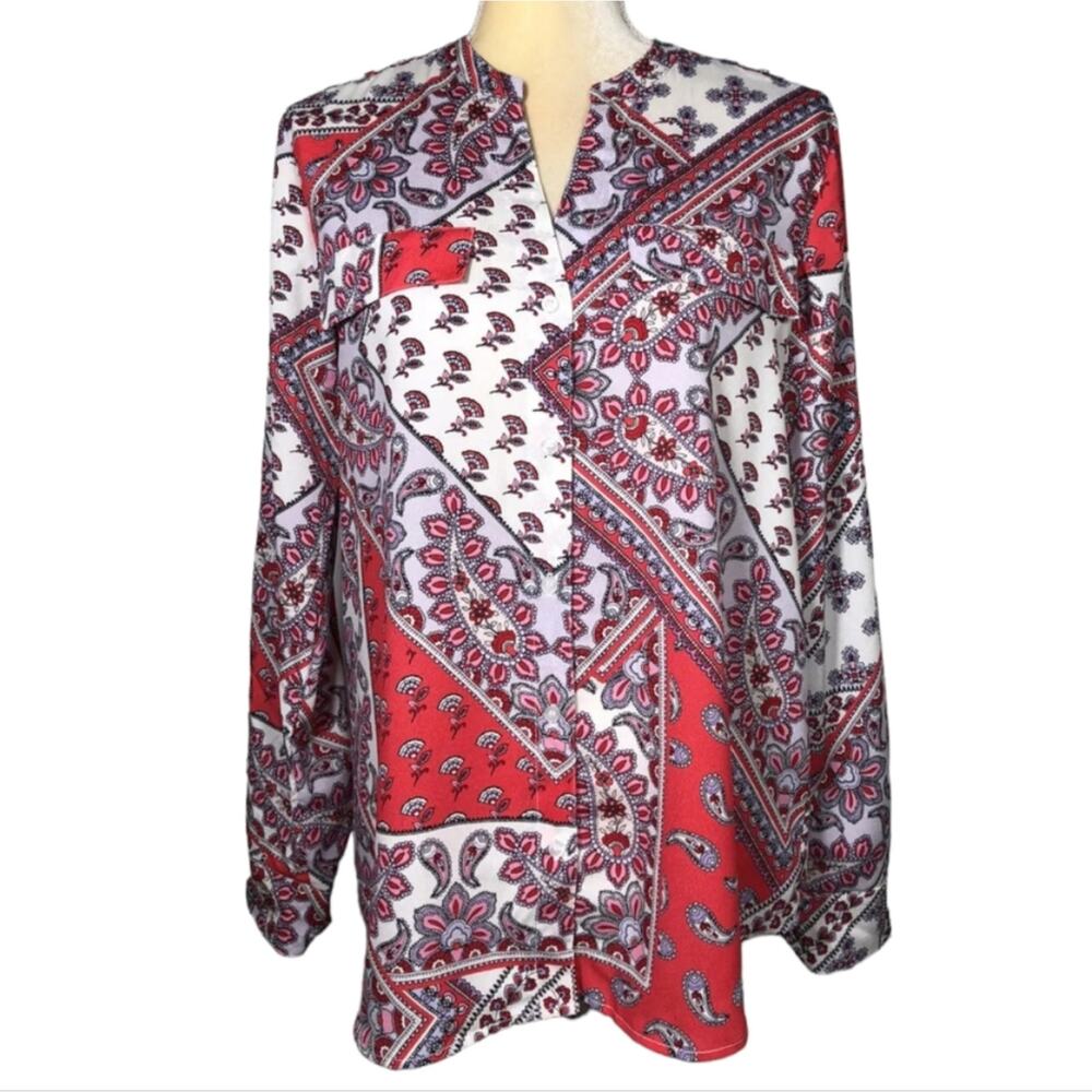 Calvin Klein Blouse Shirt Top Long Roll Tab Sleeve Paisley Pink Patchwork 2X New